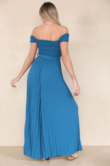 KATCH ME Women's Trendy Plain Off The Shoulder Waist Tie Pleated Jumpsuit Dresses